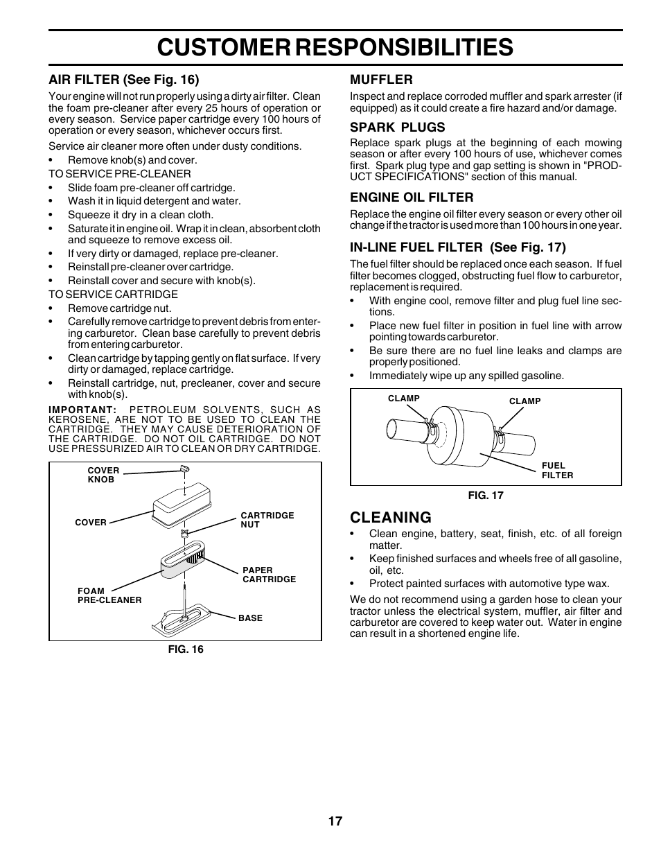 Customer responsibilities, Cleaning | Poulan 180198 User Manual | Page 17 / 48