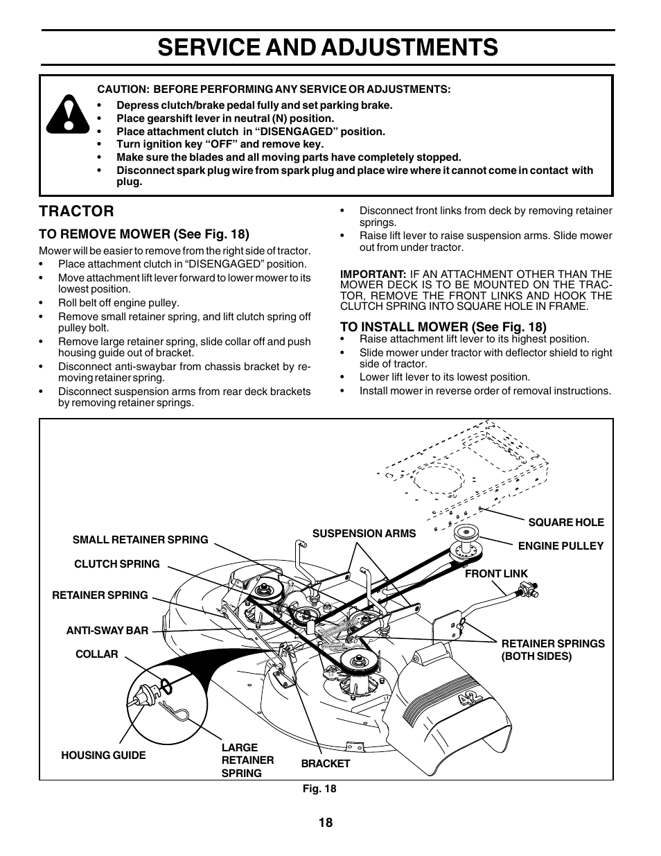 Service and adjustments, Tractor | Poulan 180198 User Manual | Page 18 / 48