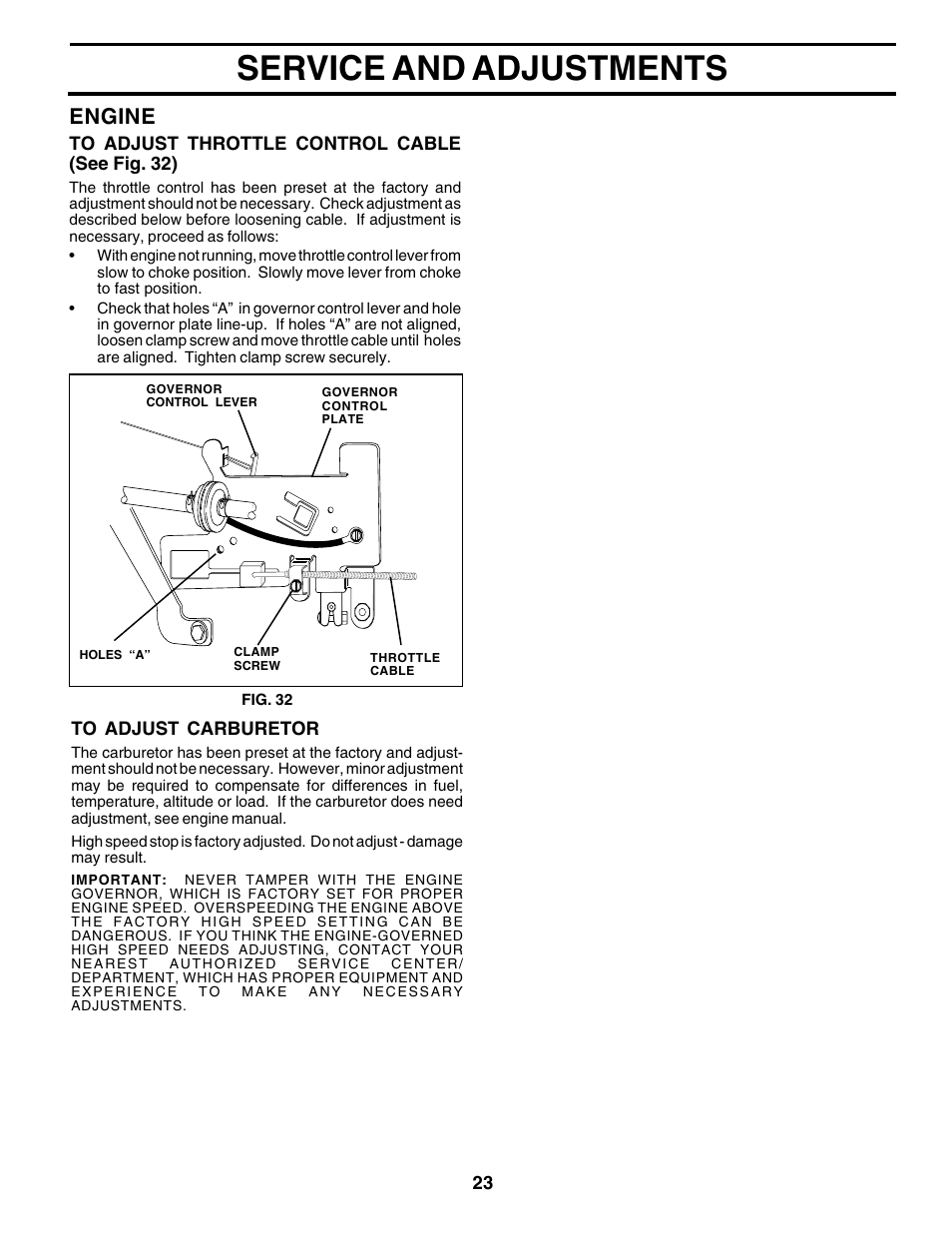 Service and adjustments, Engine | Poulan 180198 User Manual | Page 23 / 48
