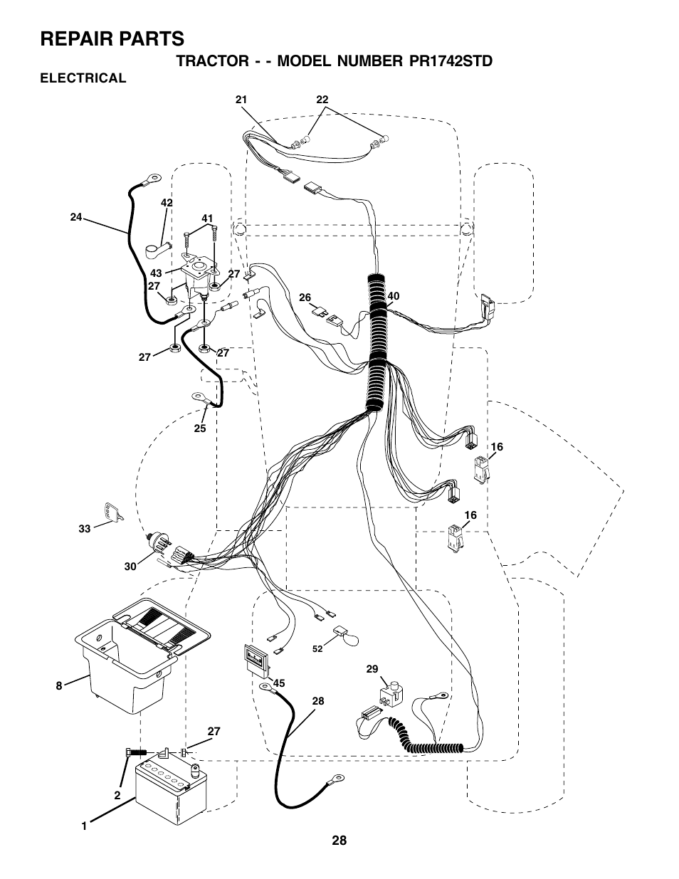 Repair parts, Tractor - - model number pr1742std, Electrical | Poulan 180198 User Manual | Page 28 / 48