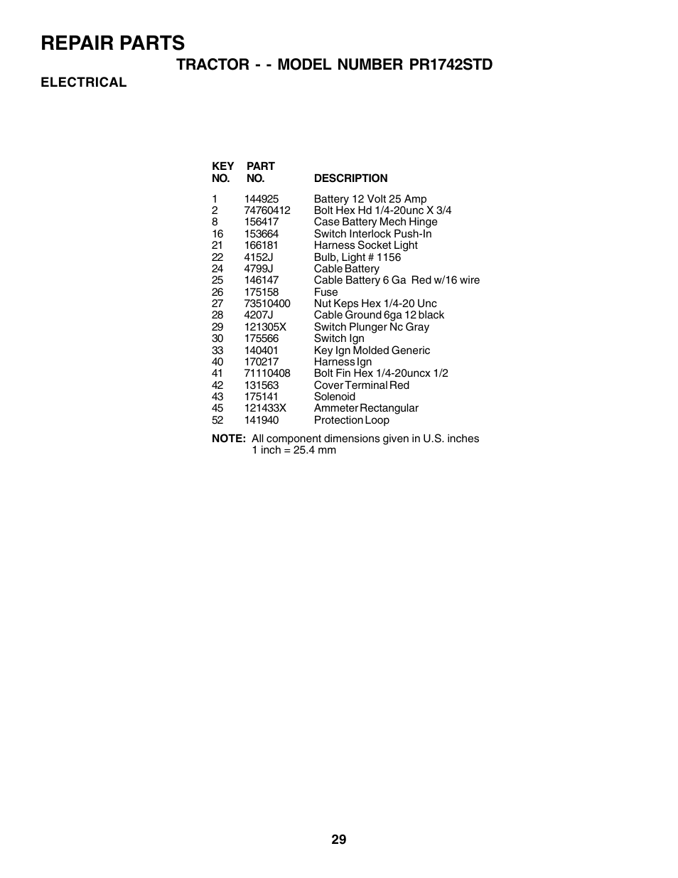 Repair parts, Tractor - - model number pr1742std | Poulan 180198 User Manual | Page 29 / 48