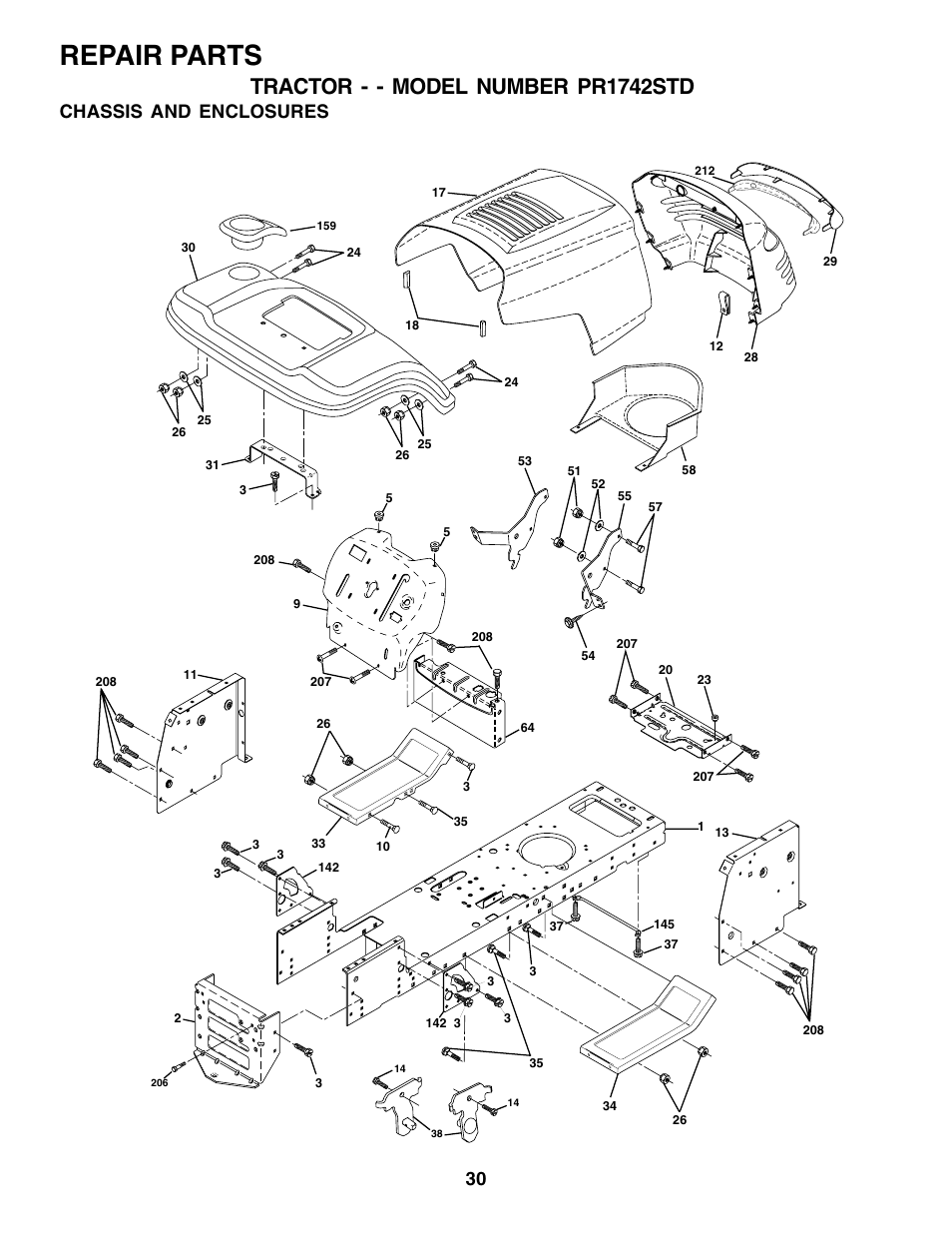 Repair parts, Tractor - - model number pr1742std, Chassis and enclosures | Poulan 180198 User Manual | Page 30 / 48
