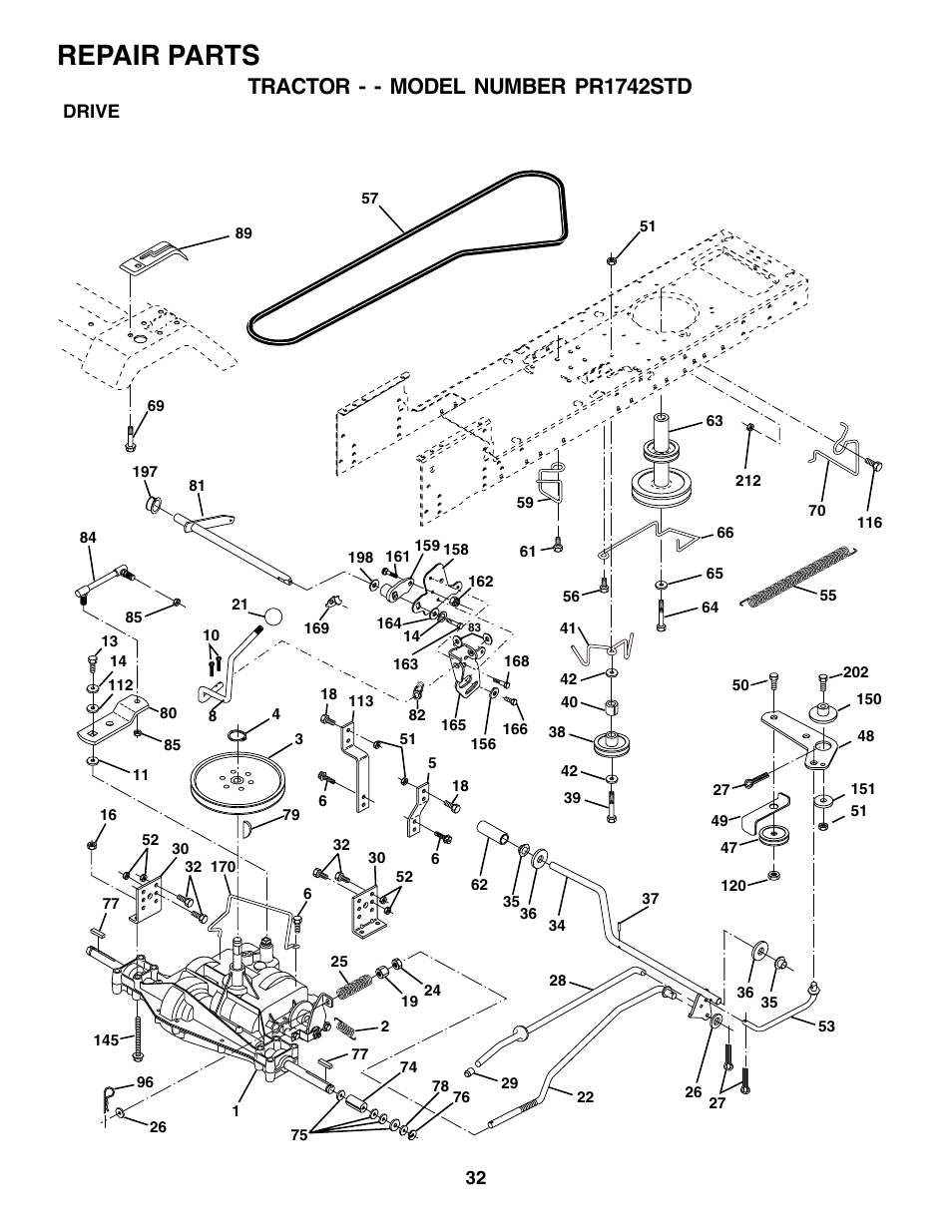 Repair parts, Tractor - - model number pr1742std | Poulan 180198 User Manual | Page 32 / 48