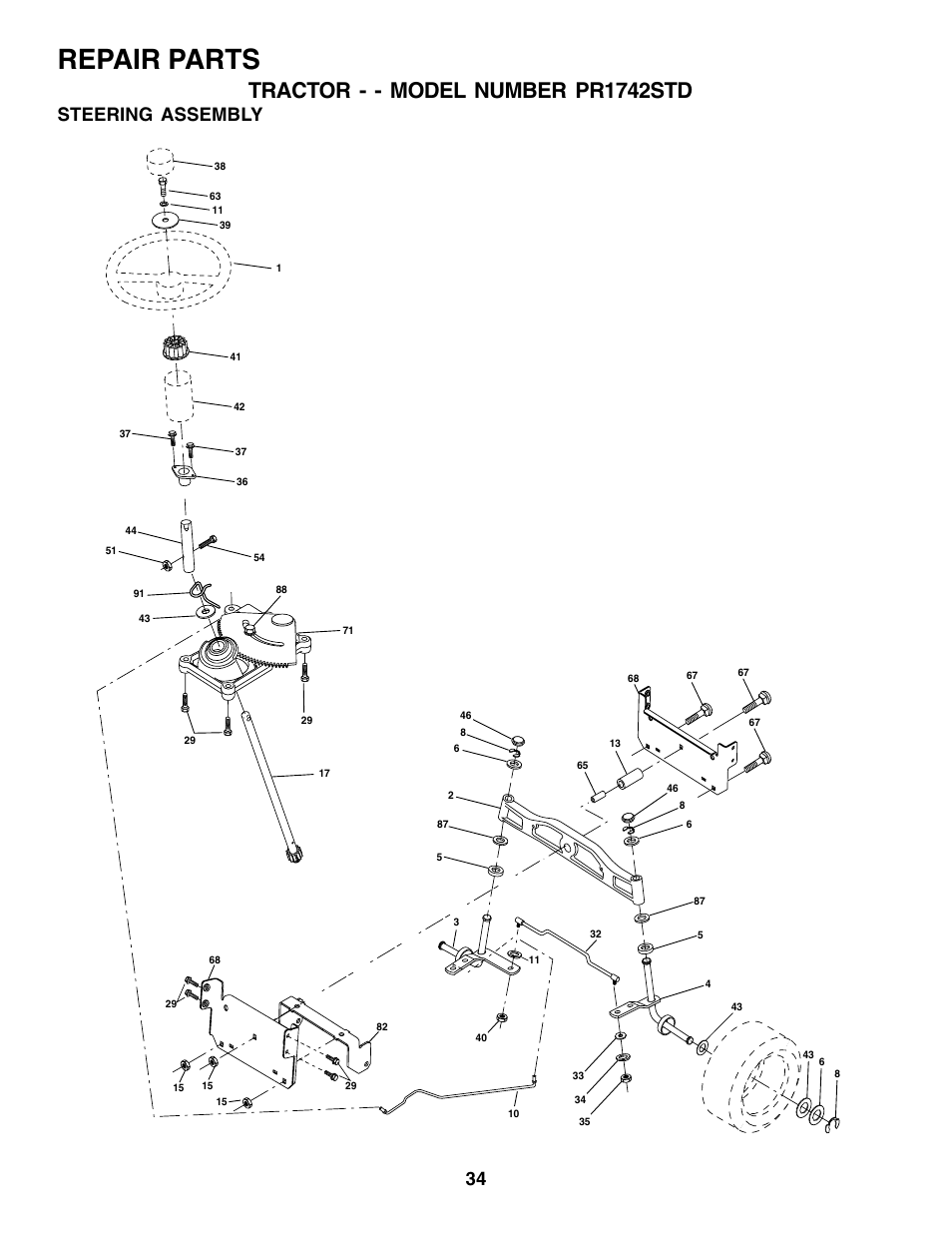 Repair parts, Tractor - - model number pr1742std, Steering assembly | Poulan 180198 User Manual | Page 34 / 48