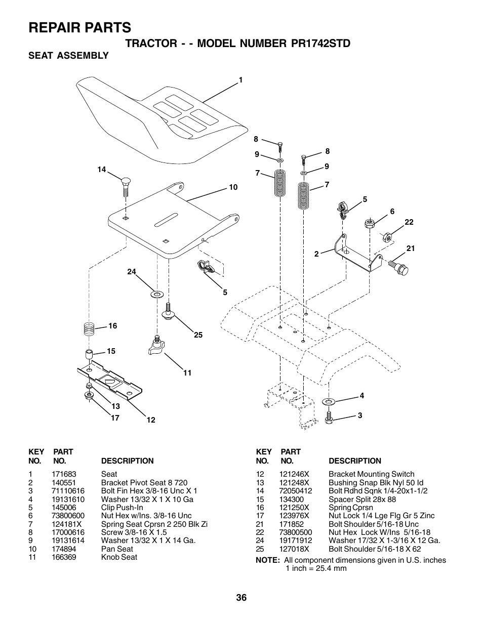 Repair parts, Tractor - - model number pr1742std | Poulan 180198 User Manual | Page 36 / 48