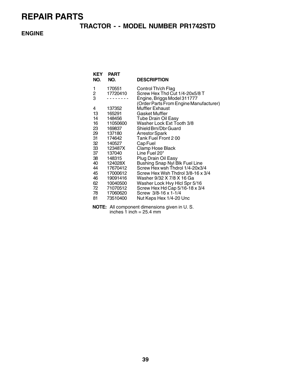 Repair parts, Tractor - - model number pr1742std | Poulan 180198 User Manual | Page 39 / 48