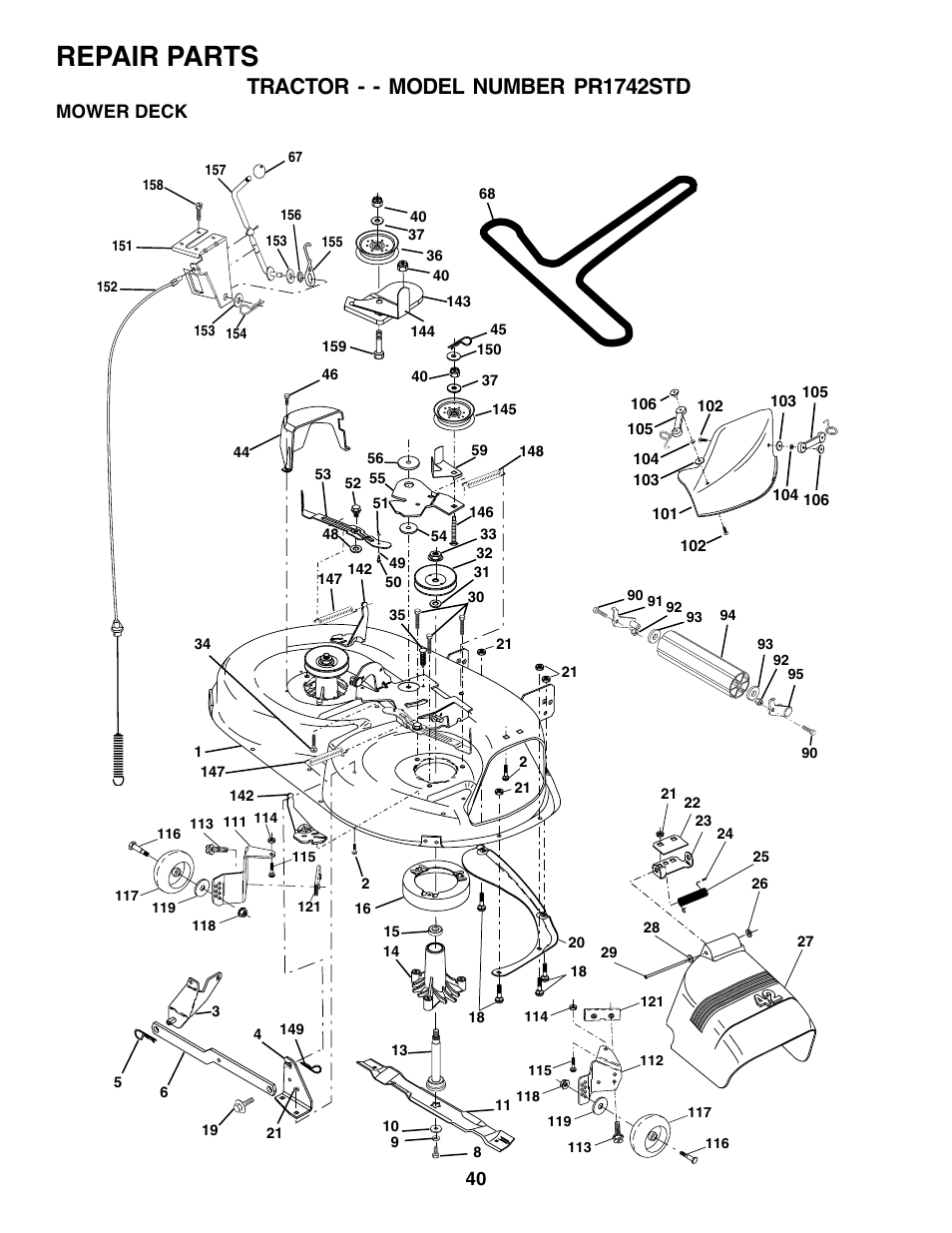 Repair parts, Tractor - - model number pr1742std, Mower deck | Poulan 180198 User Manual | Page 40 / 48