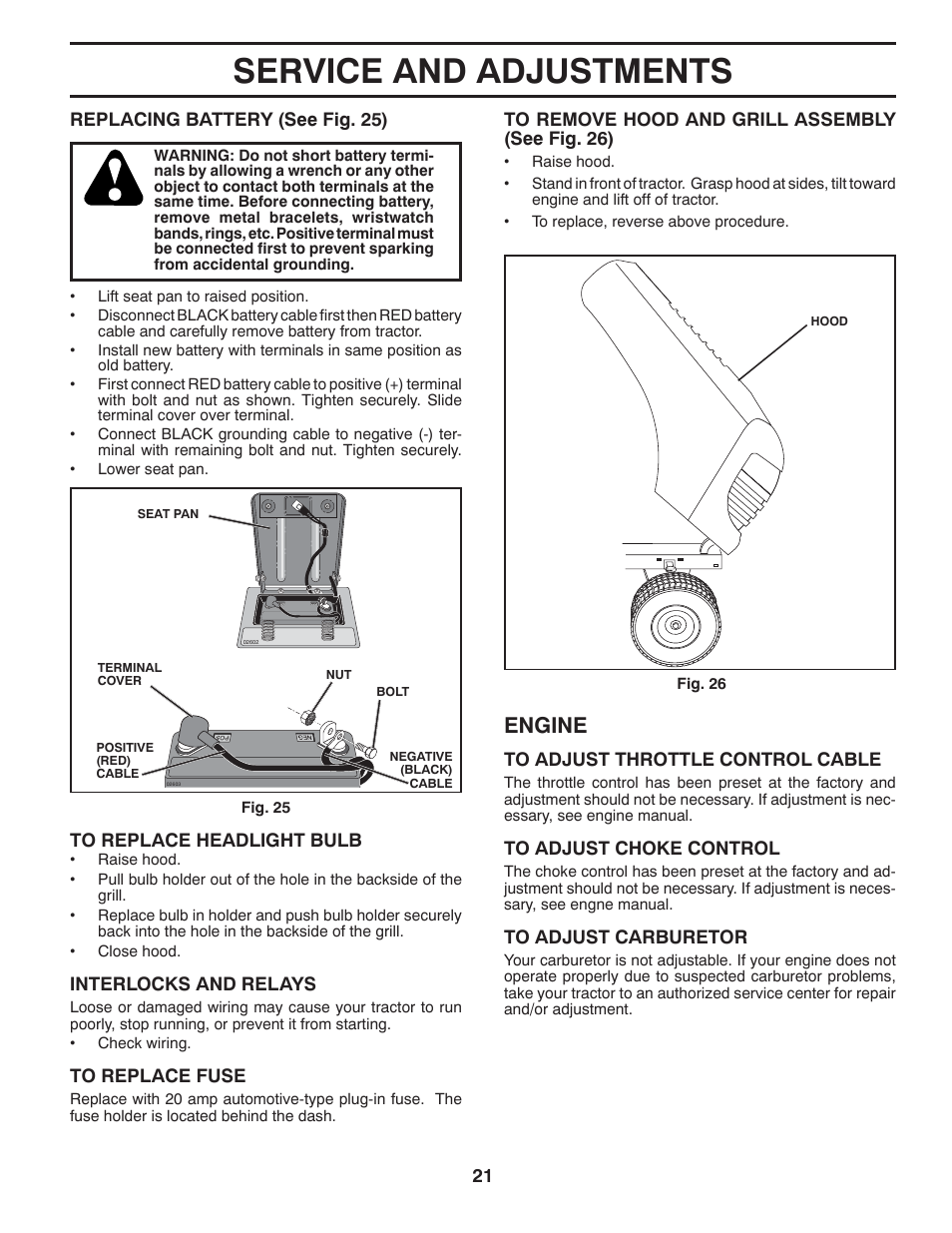 Service and adjustments, Engine | Poulan XT 96016002400 User Manual | Page 21 / 26