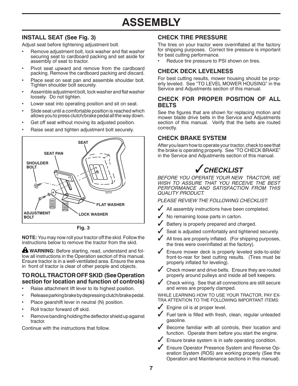 Assembly, Checklist | Poulan XT 96016002400 User Manual | Page 7 / 26