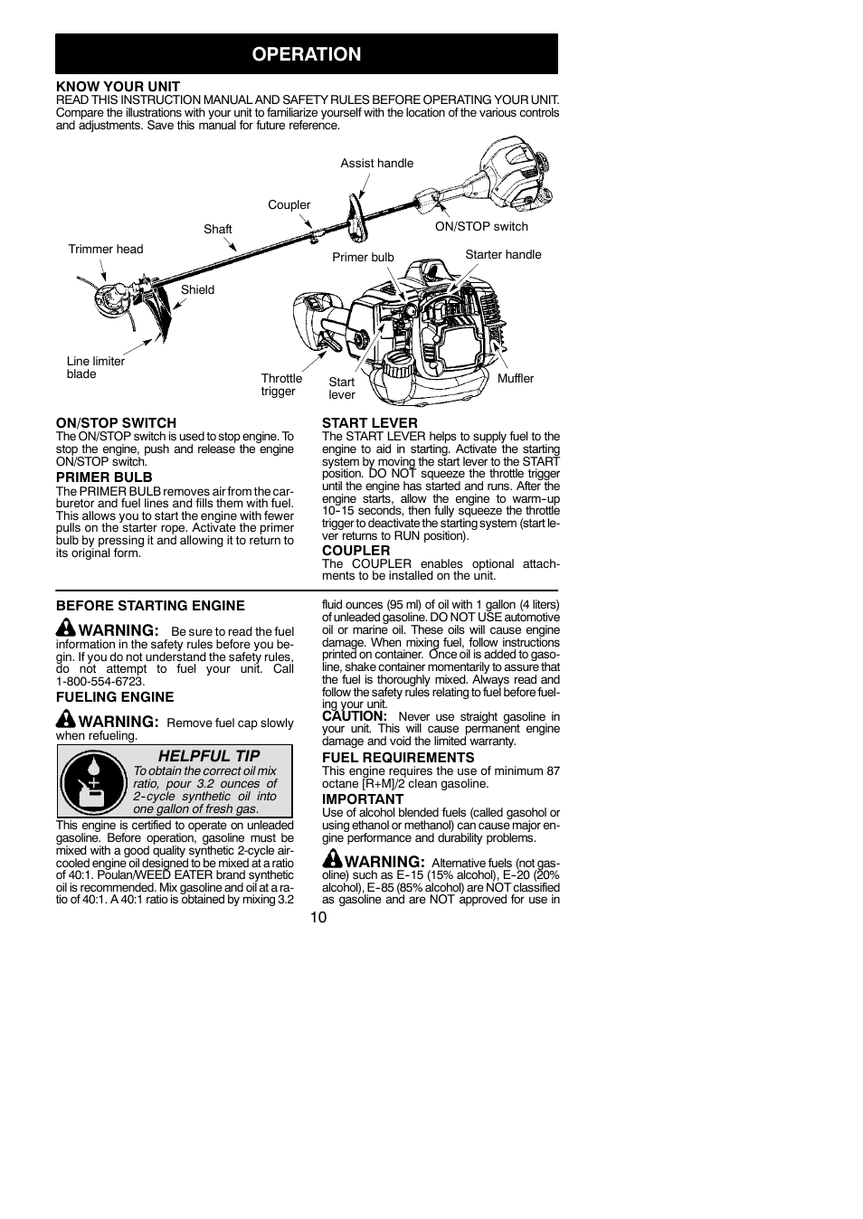 Operation, Warning, Helpful tip | Poulan Pro PP133 User Manual | Page 10 / 18