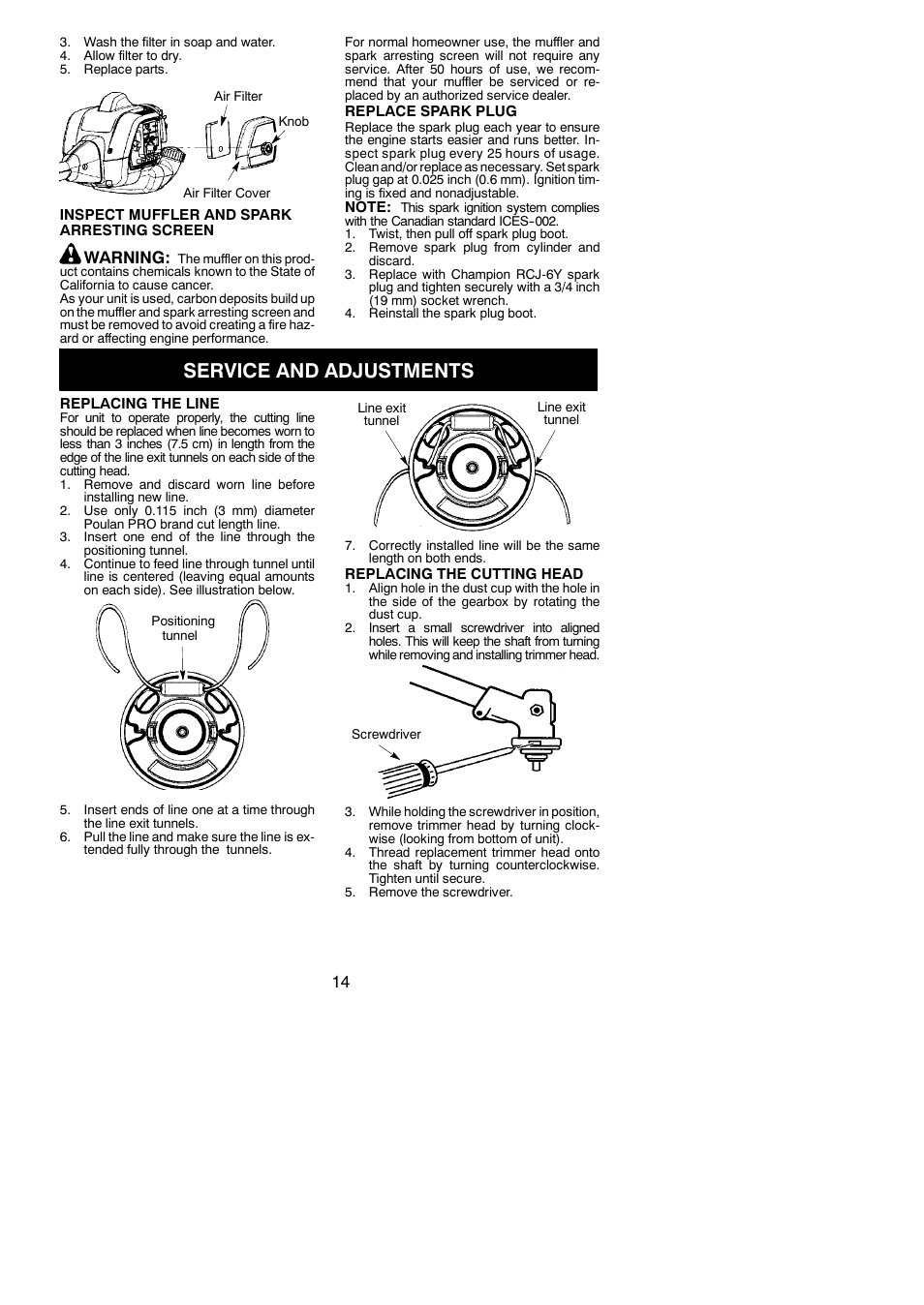 Service and adjustments, Warning | Poulan Pro PP133 User Manual | Page 14 / 18