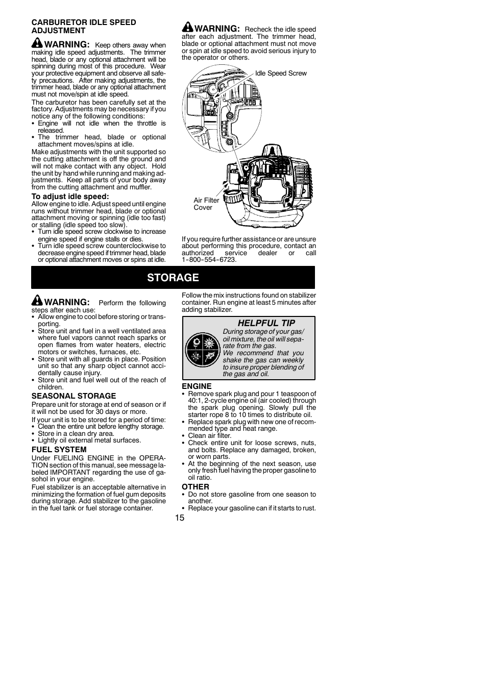 Storage, Warning, Helpful tip | Poulan Pro PP133 User Manual | Page 15 / 18