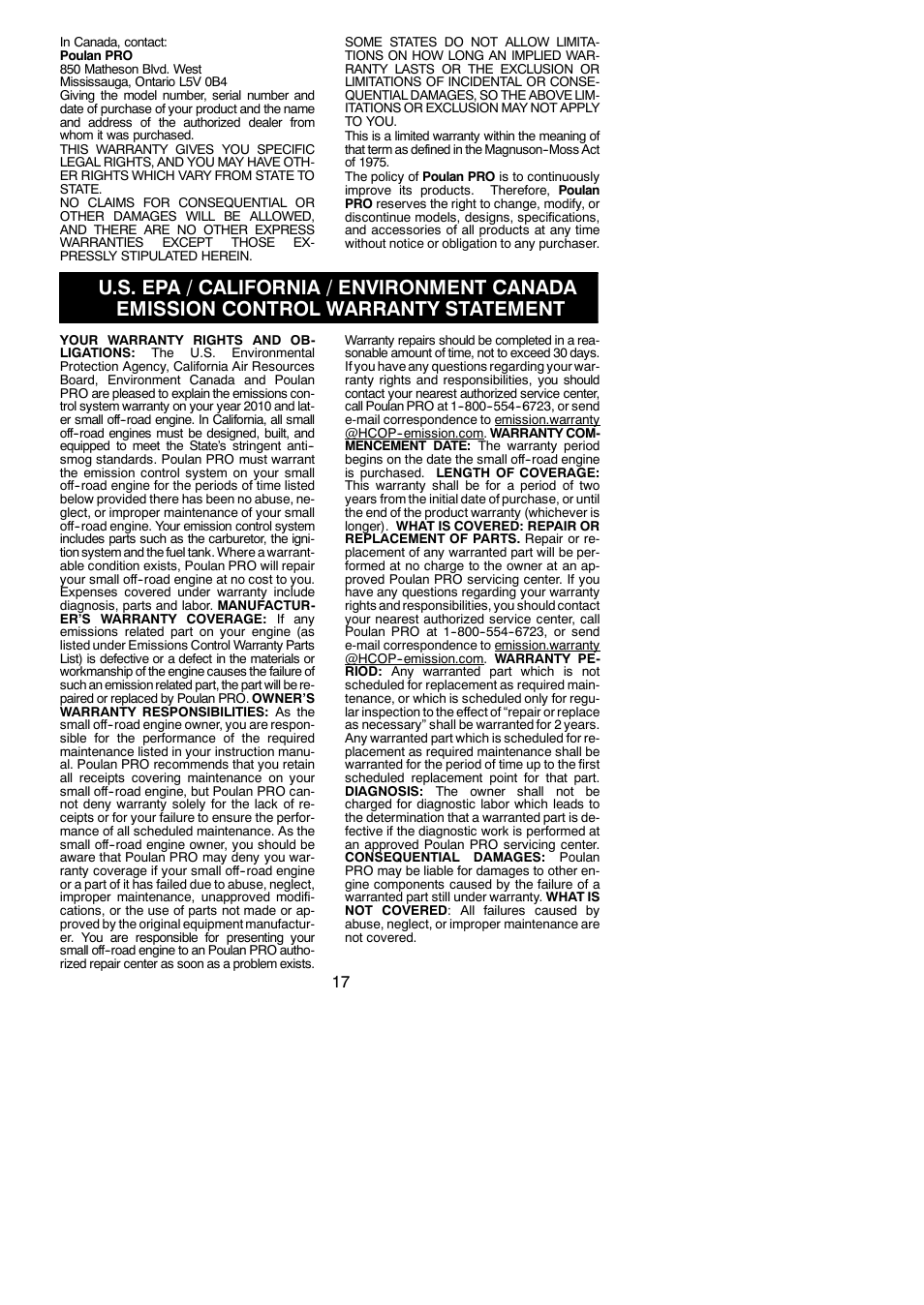 Emission control warranty statement | Poulan Pro PP133 User Manual | Page 17 / 18