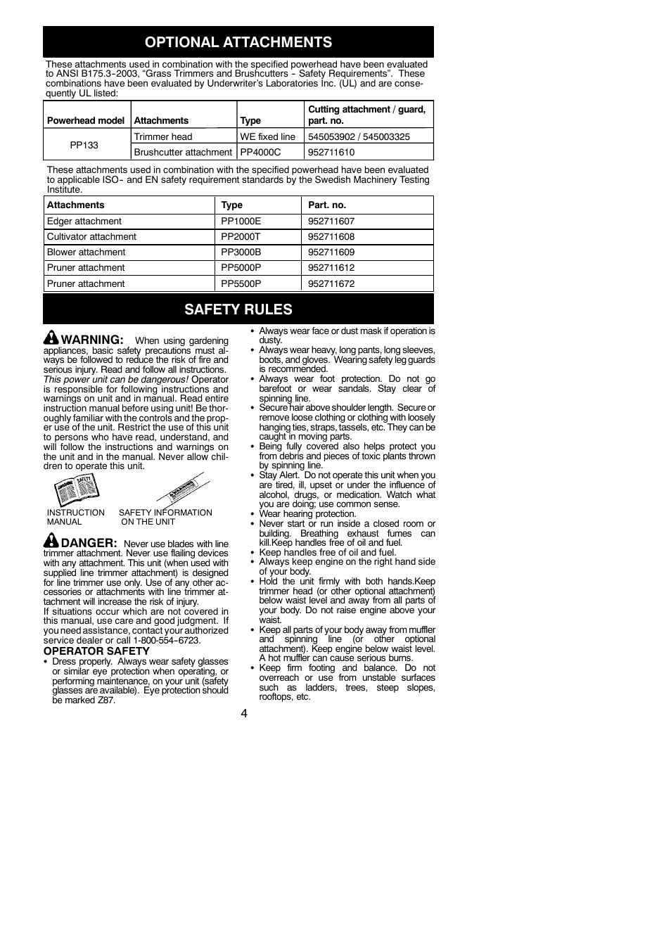 Optional attachments, Safety rules, Warning | Danger | Poulan Pro PP133 User Manual | Page 4 / 18