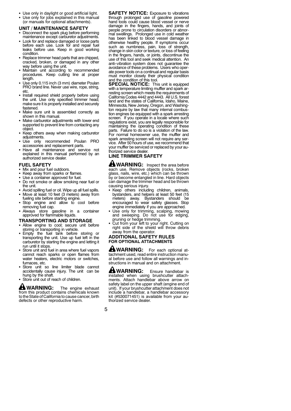 Warning | Poulan Pro PP133 User Manual | Page 5 / 18