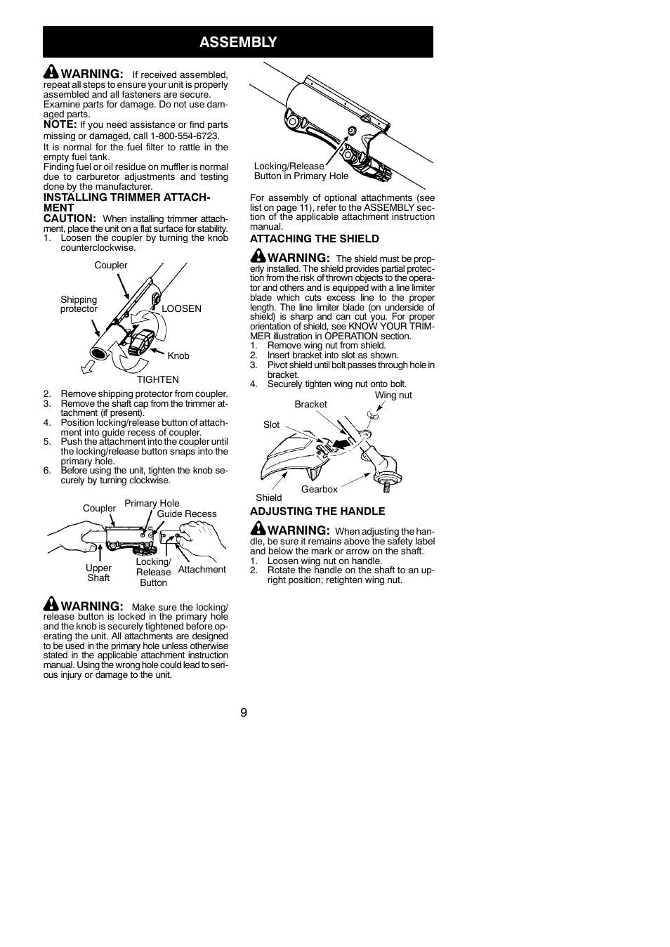 Assembly, Warning | Poulan Pro PP133 User Manual | Page 9 / 18