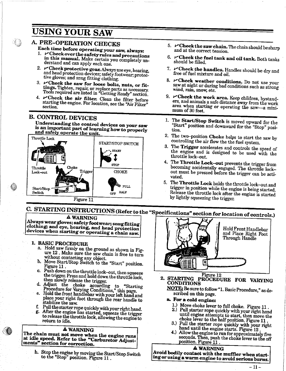 A. pre-operation checks, B. control devices, A pre-operation checks | Using your saw | Poulan 2100 User Manual | Page 11 / 24