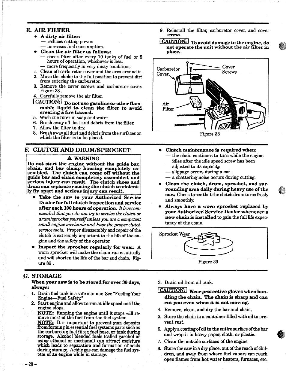 E. air filter, F. clutch and drum/sprocket, G. storage | E. air filter f. storage, Icauttq£hj | Poulan 2100 User Manual | Page 20 / 24