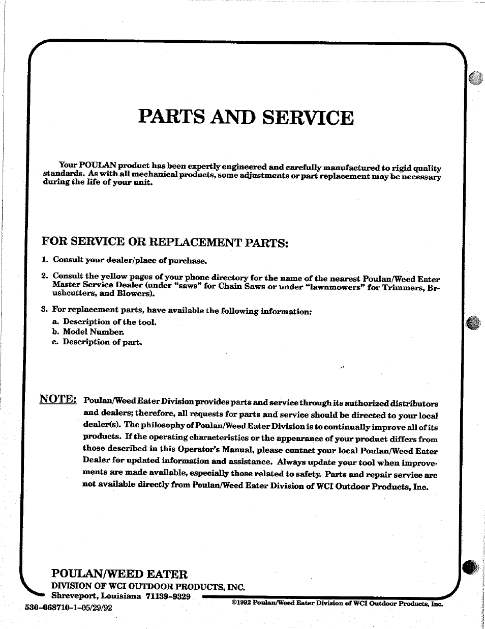 Parts and service, For service or replacement parts, Poulan/weed eater | Poulan 2100 User Manual | Page 24 / 24