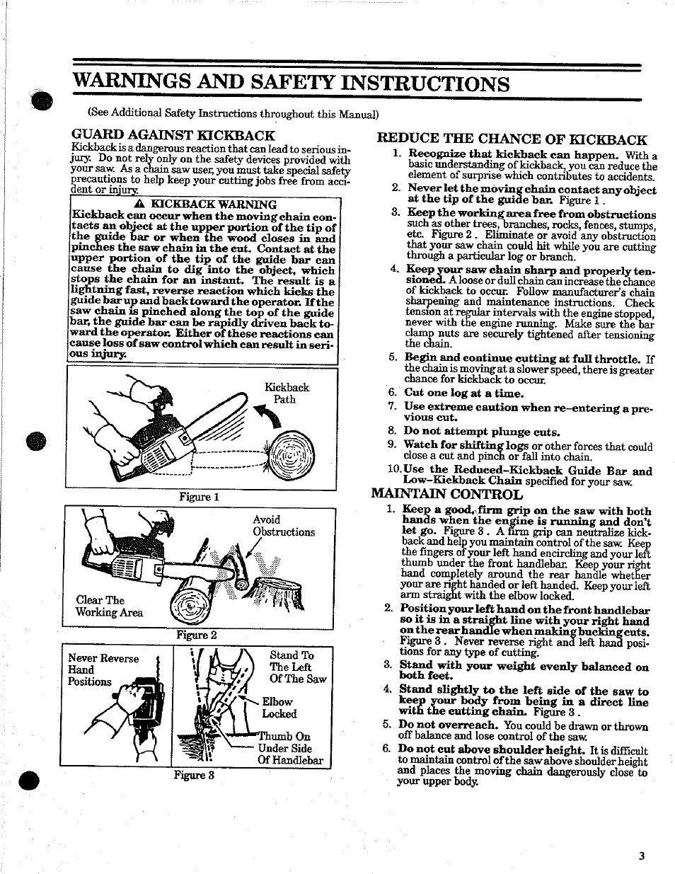 Guarb against kickback, Reduce the chance of kickback, Maintain control | Warnings and safety instructions | Poulan 2100 User Manual | Page 3 / 24