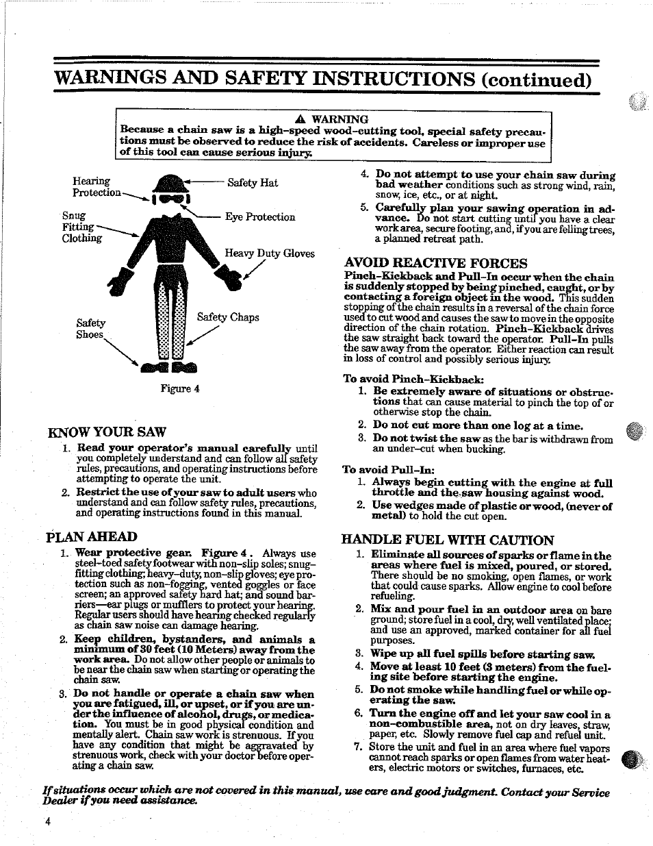 Know your saw, Plan ahead, Avoid reactive forces | Handle fuel with caution, Warnings and safety instructions (continued) | Poulan 2100 User Manual | Page 4 / 24