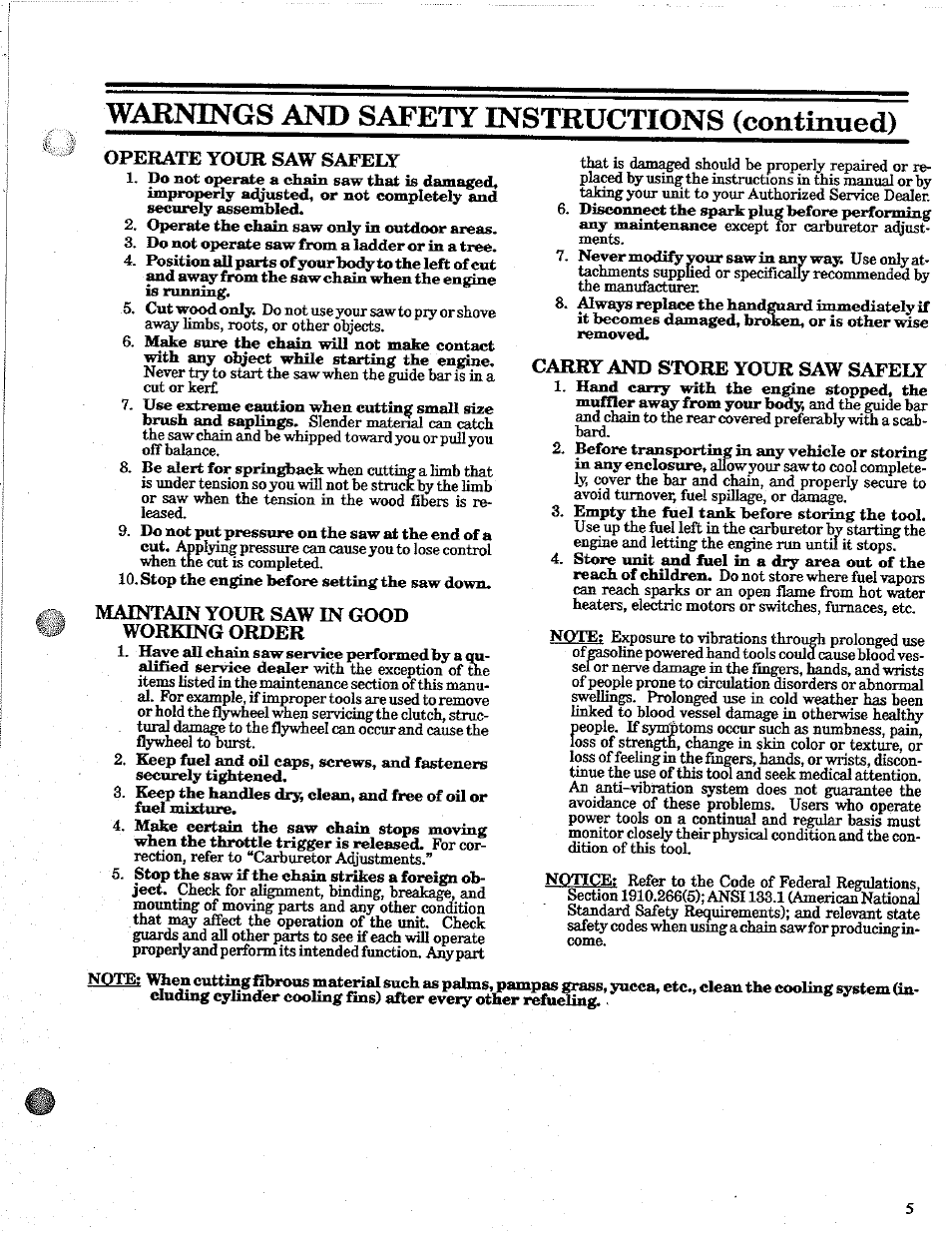 Operate your saw safely, Maintain your saw in good working order, Carry and store your saw safely | Warnings and safety instructions (continued) | Poulan 2100 User Manual | Page 5 / 24