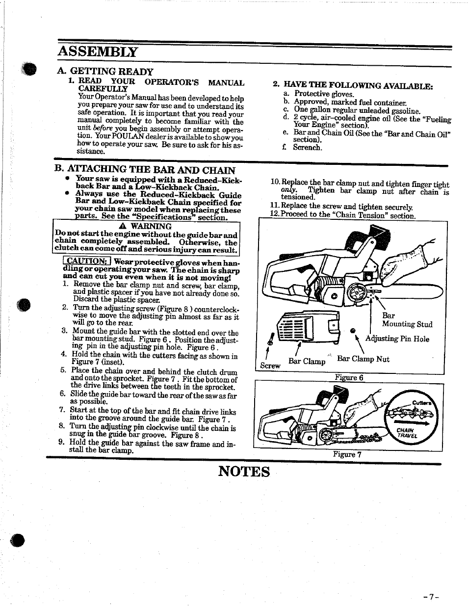 A. getting ready, B. attaching the bar and chain, A getting ready | B. attadungthe bar and chain, Assembly | Poulan 2100 User Manual | Page 7 / 24