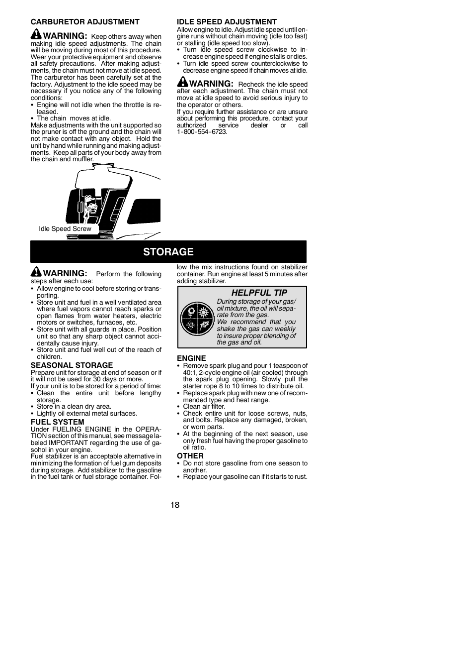 Storage, Warning, Helpful tip | Poulan 545137280 User Manual | Page 18 / 21