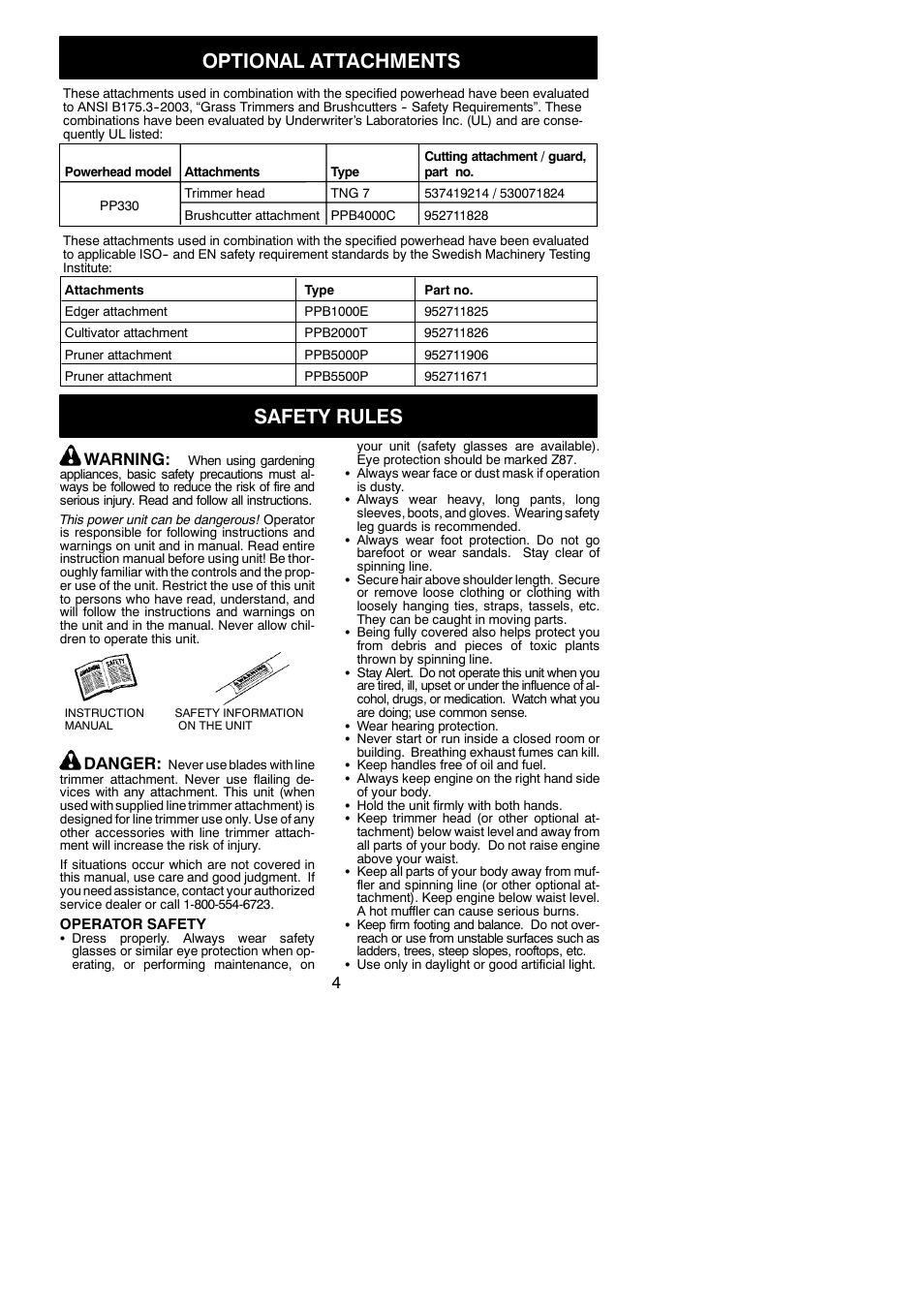 Optional attachments, Safety rules, Warning | Danger | Poulan Pro PP330 User Manual | Page 4 / 19