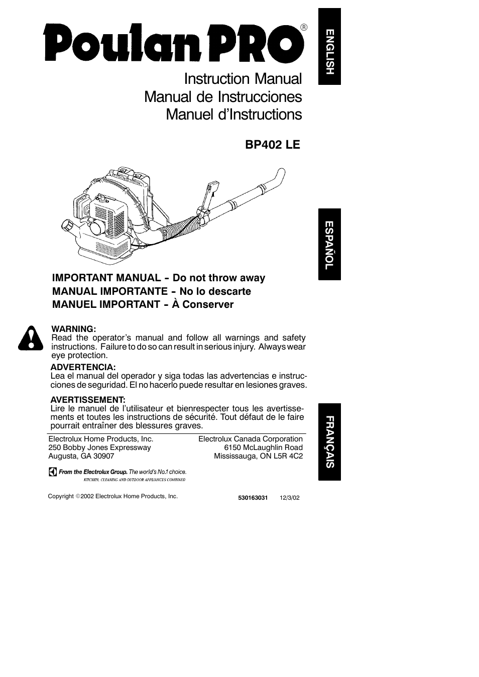 Poulan 530163031 User Manual | 10 pages