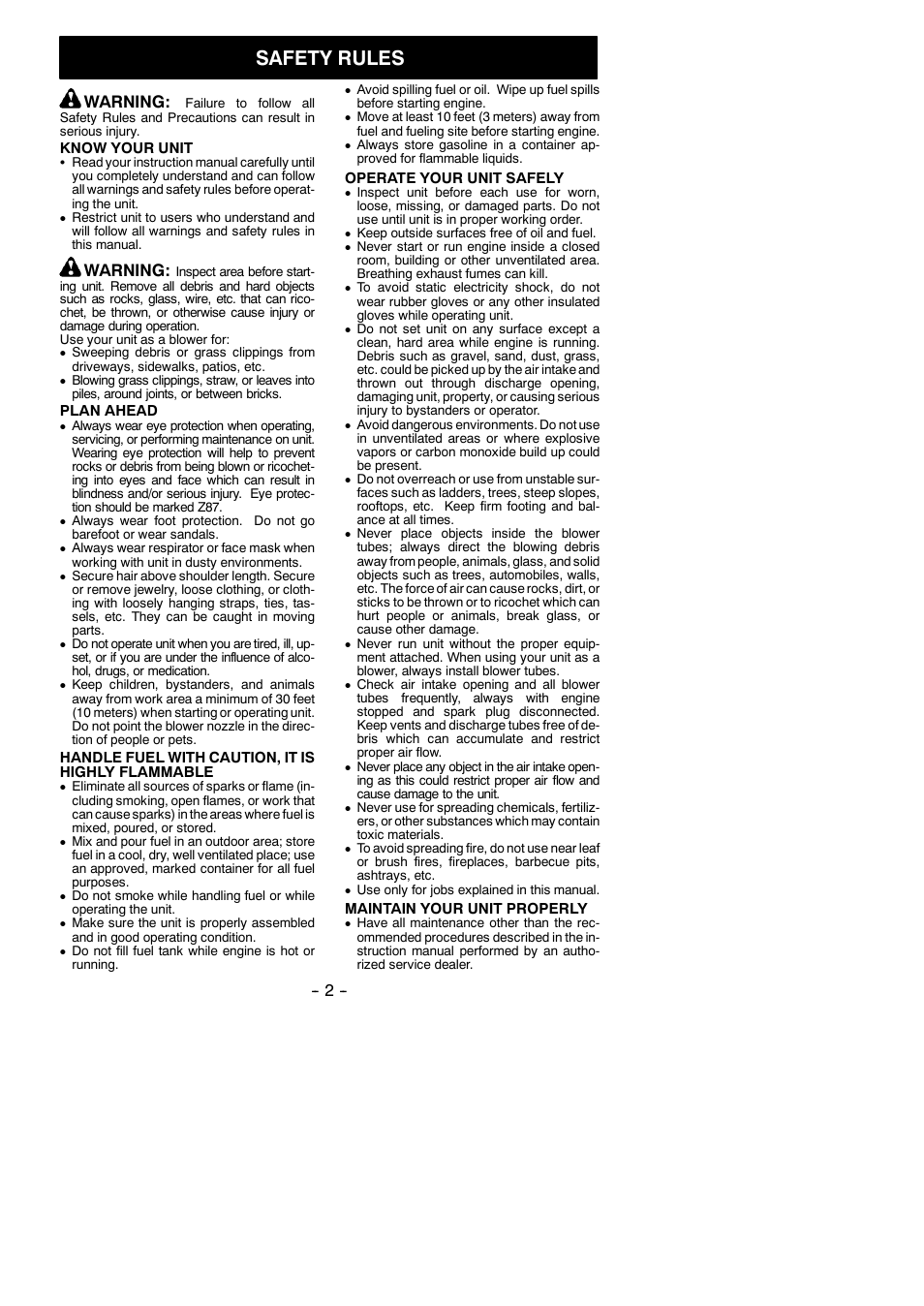 Safety rules, Warning | Poulan 530163031 User Manual | Page 2 / 10