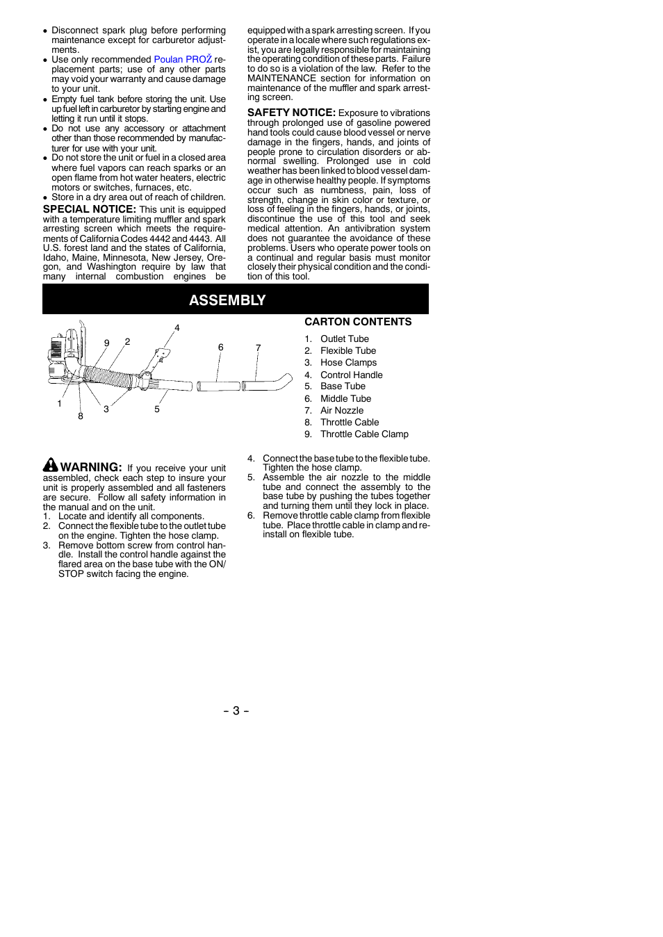 Assembly, Warning | Poulan 530163031 User Manual | Page 3 / 10