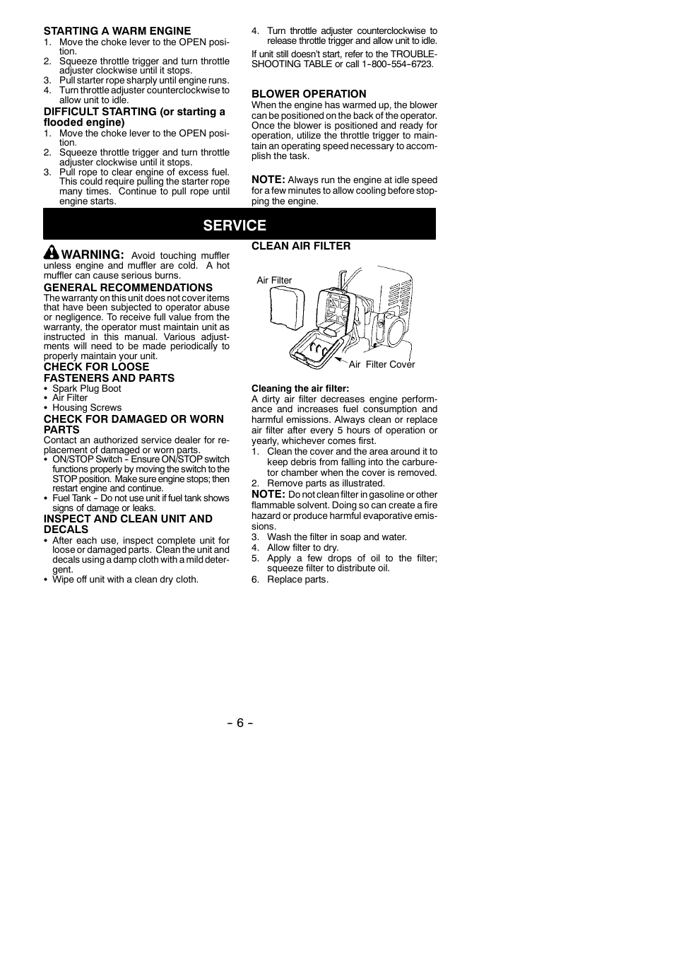 Service, Warning | Poulan 530163031 User Manual | Page 6 / 10