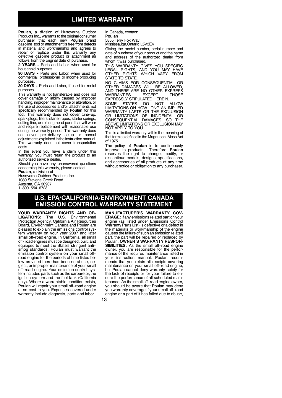 Limited warranty | Poulan 545154718 User Manual | Page 13 / 14