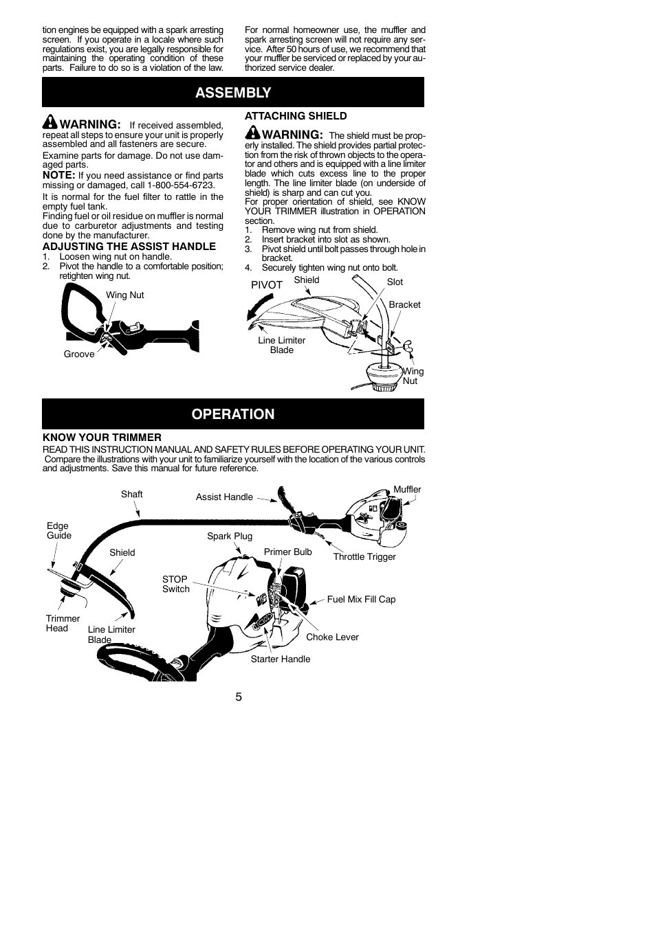 Assembly, Operation, Warning | Poulan 545154718 User Manual | Page 5 / 14