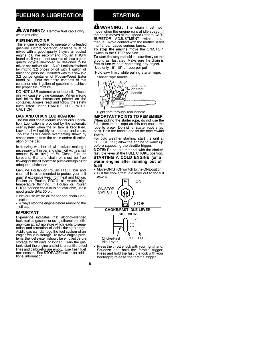 Fueling & lubrication, Starting | Poulan 530086536 User Manual | Page 9 / 17