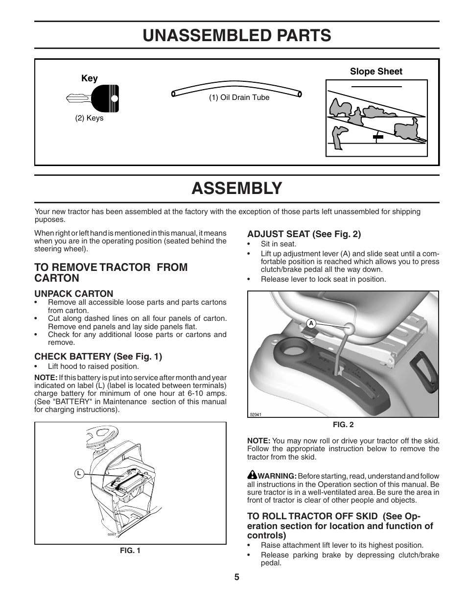 Unassembled parts, Assembly | Poulan 404378 User Manual | Page 5 / 30