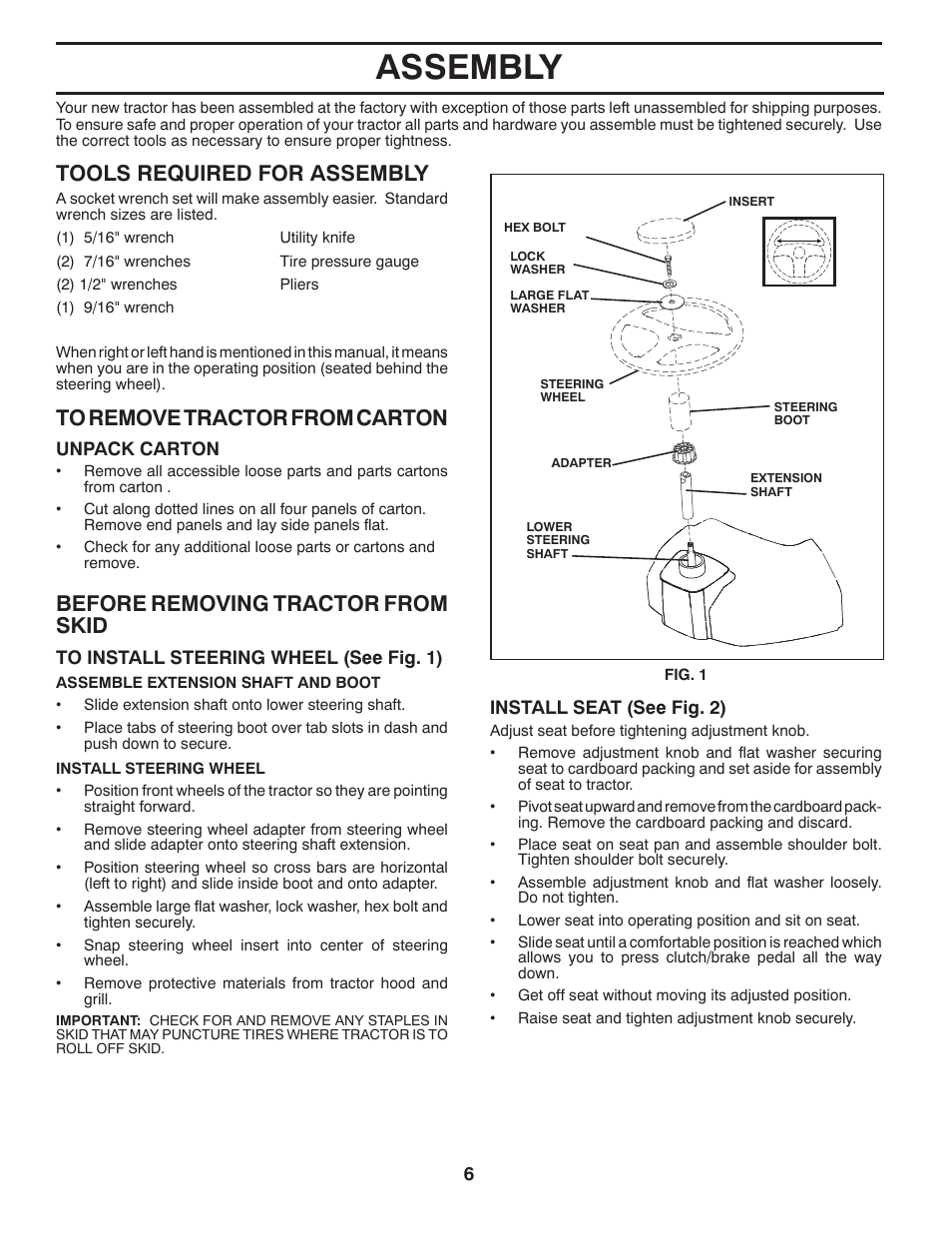 Assembly, Tools required for assembly, Before removing tractor from skid | Poulan XT 433507 User Manual | Page 6 / 30