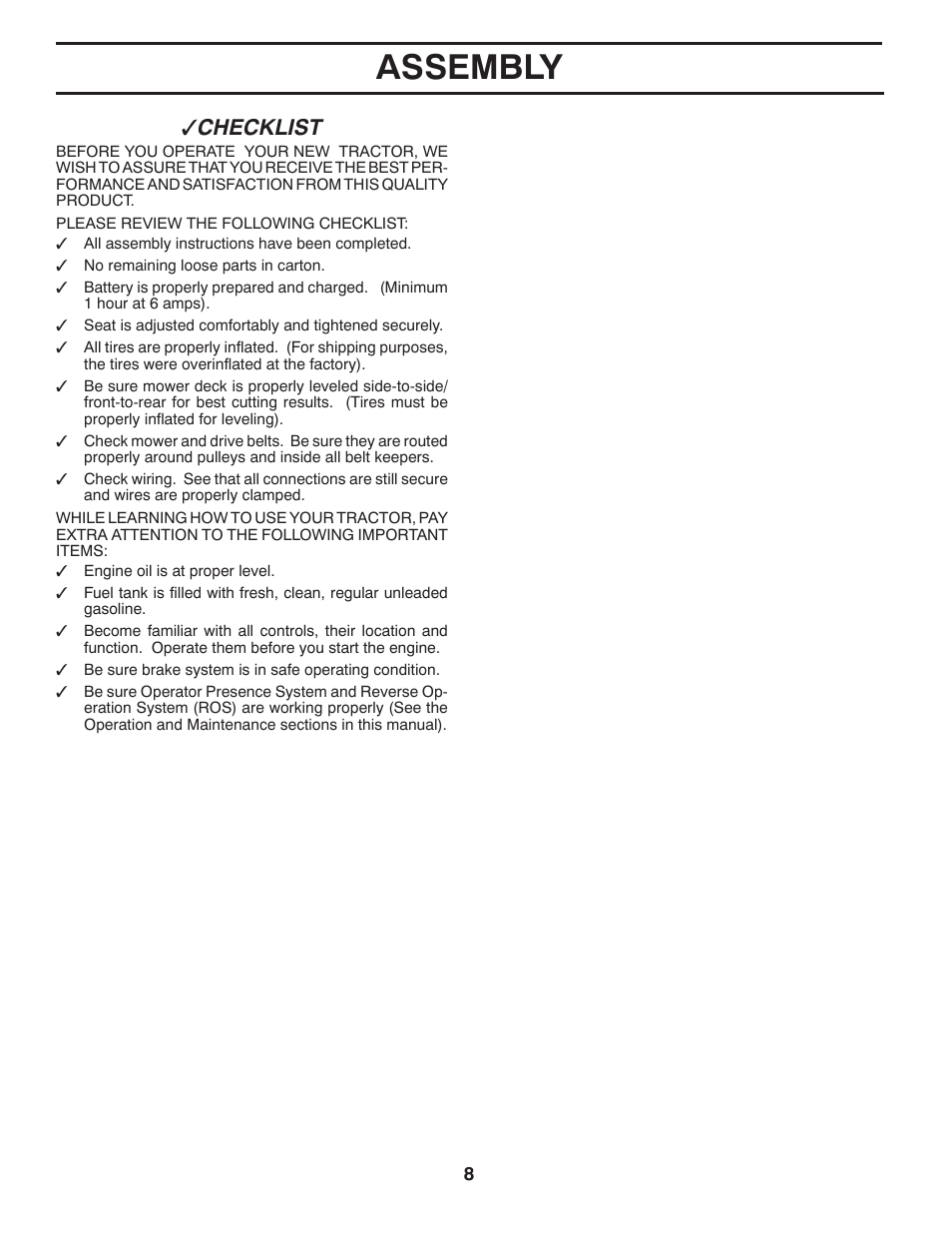 Assembly, Checklist | Poulan XT 433507 User Manual | Page 8 / 30