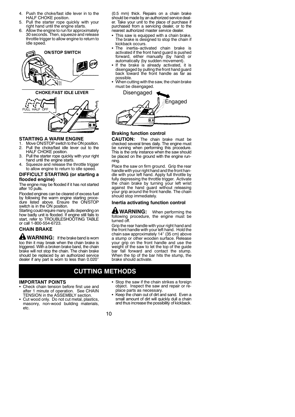 Cutting methods, Warning, Disengaged engaged | Poulan 545047502 User Manual | Page 10 / 18