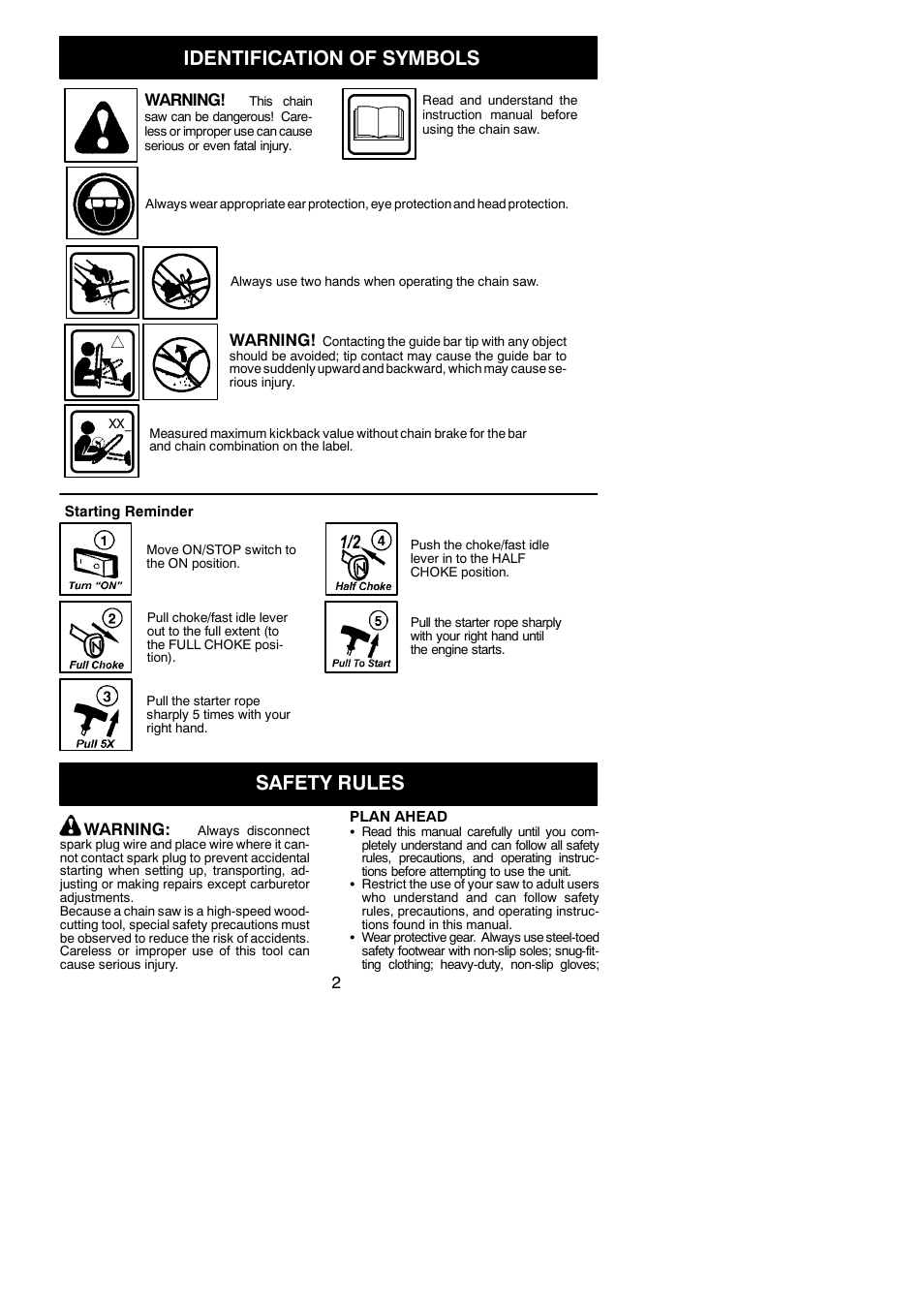 Identification of symbols, Safety rules, Warning | Poulan 545047502 User Manual | Page 2 / 18