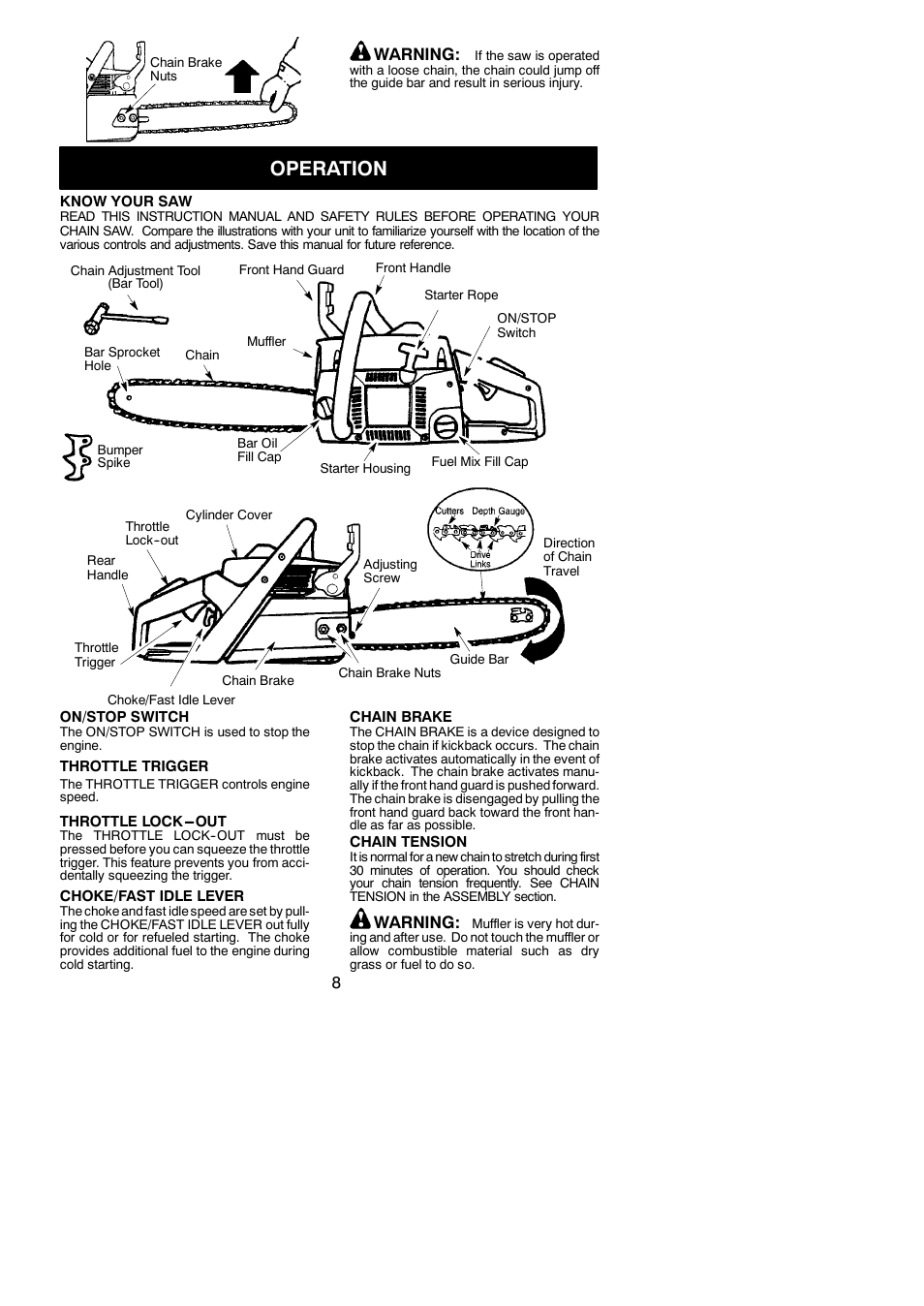 Operation, Warning | Poulan 545047502 User Manual | Page 8 / 18