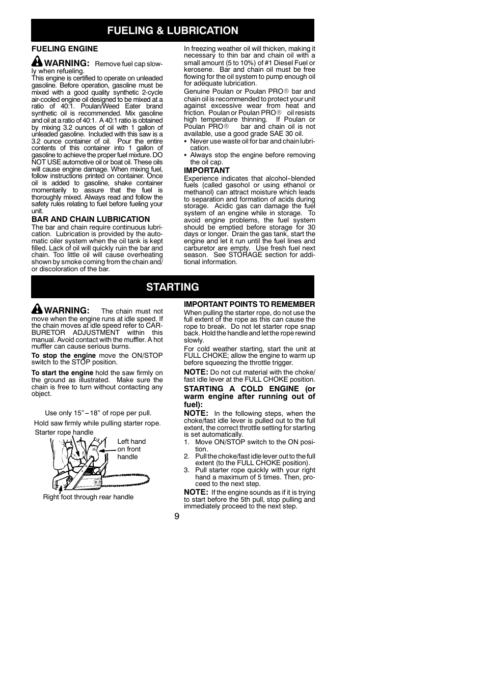 Fueling & lubrication, Starting, Warning | Poulan 545047502 User Manual | Page 9 / 18