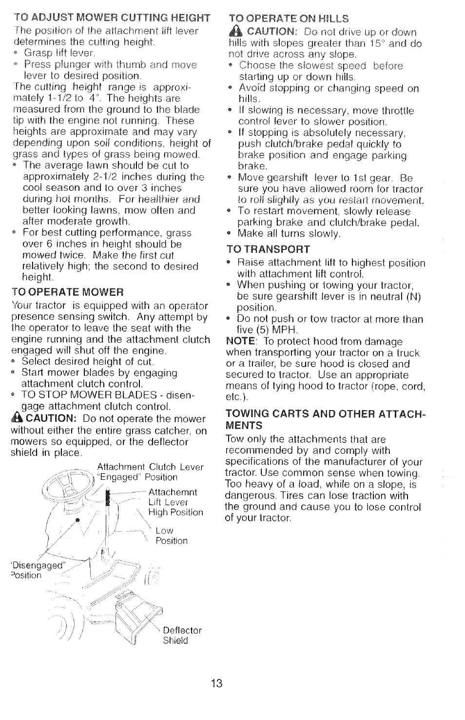 To adjust mower cutting height, To transport, Towing carts and other attachments | Poulan 2000-11 User Manual | Page 13 / 48