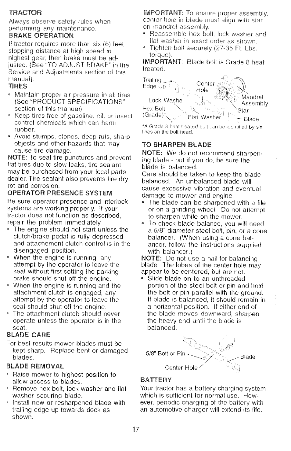 Operator presence system, Blade care, Blade removal | Battery | Poulan 2000-11 User Manual | Page 17 / 48