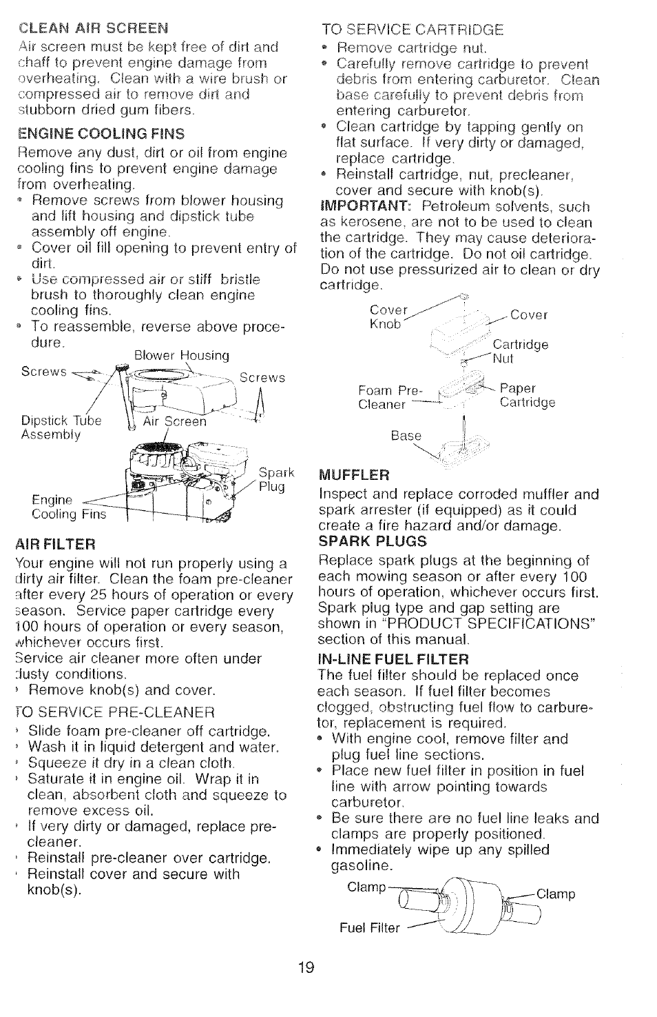 Clean air screen, Air filter, Muffler | Poulan 2000-11 User Manual | Page 19 / 48