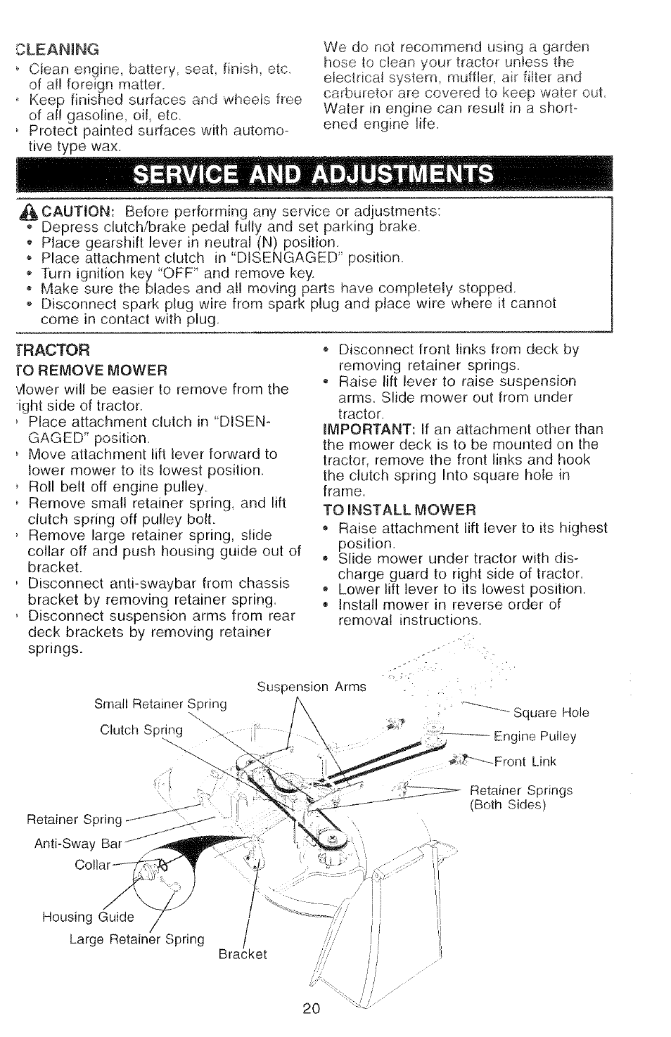 Service and adjustments, To remove mower, To install mower | Poulan 2000-11 User Manual | Page 20 / 48