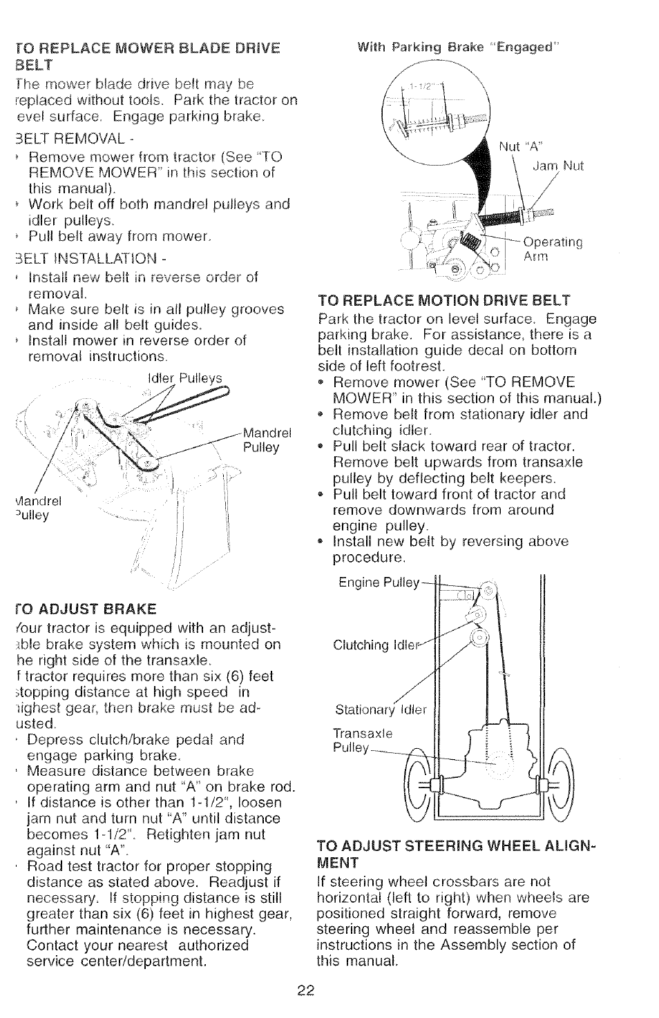 To replace motion drive belt, To adjust steering wheel alignment | Poulan 2000-11 User Manual | Page 22 / 48