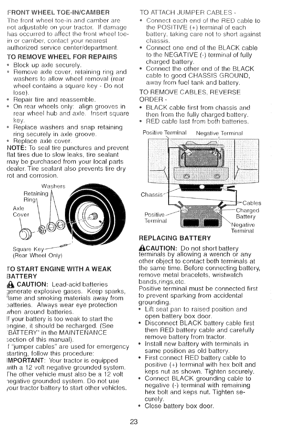 Front wheel toe-in/camber, To start engine with a weak, Replacing battery | Poulan 2000-11 User Manual | Page 23 / 48