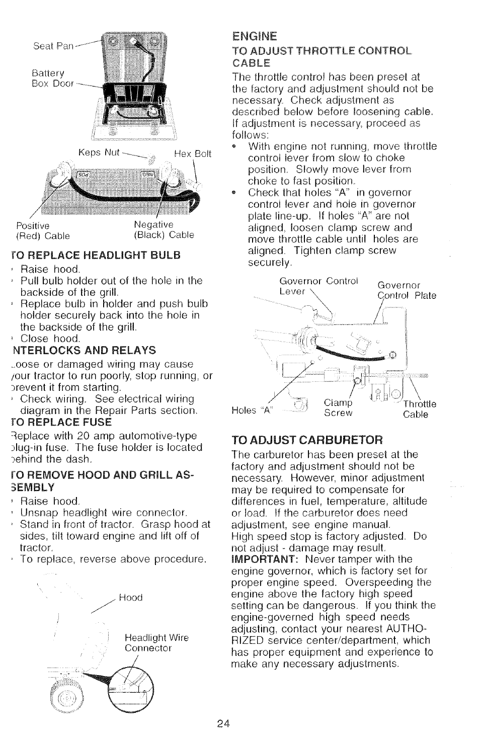 Nterlocks and relays, Ro remove hood and grill assembly, To adjust throttle control cable | Poulan 2000-11 User Manual | Page 24 / 48